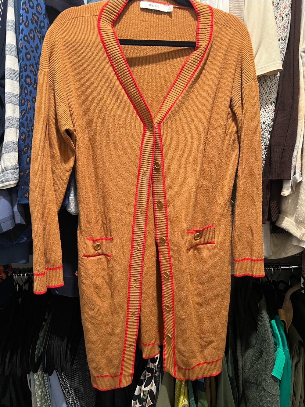 JustFab Camel Cardigan with Red Accent Trim